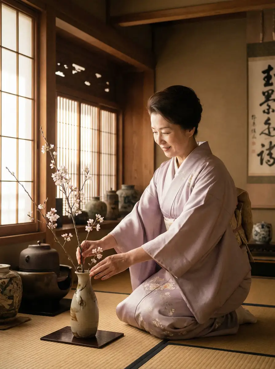 一位优雅的 男女激情床震娇喘视频在线观看 在和室中插花